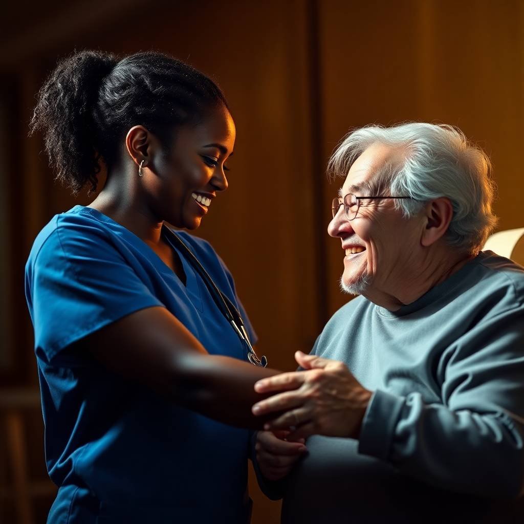Elderly person being cared for by a professional nurse